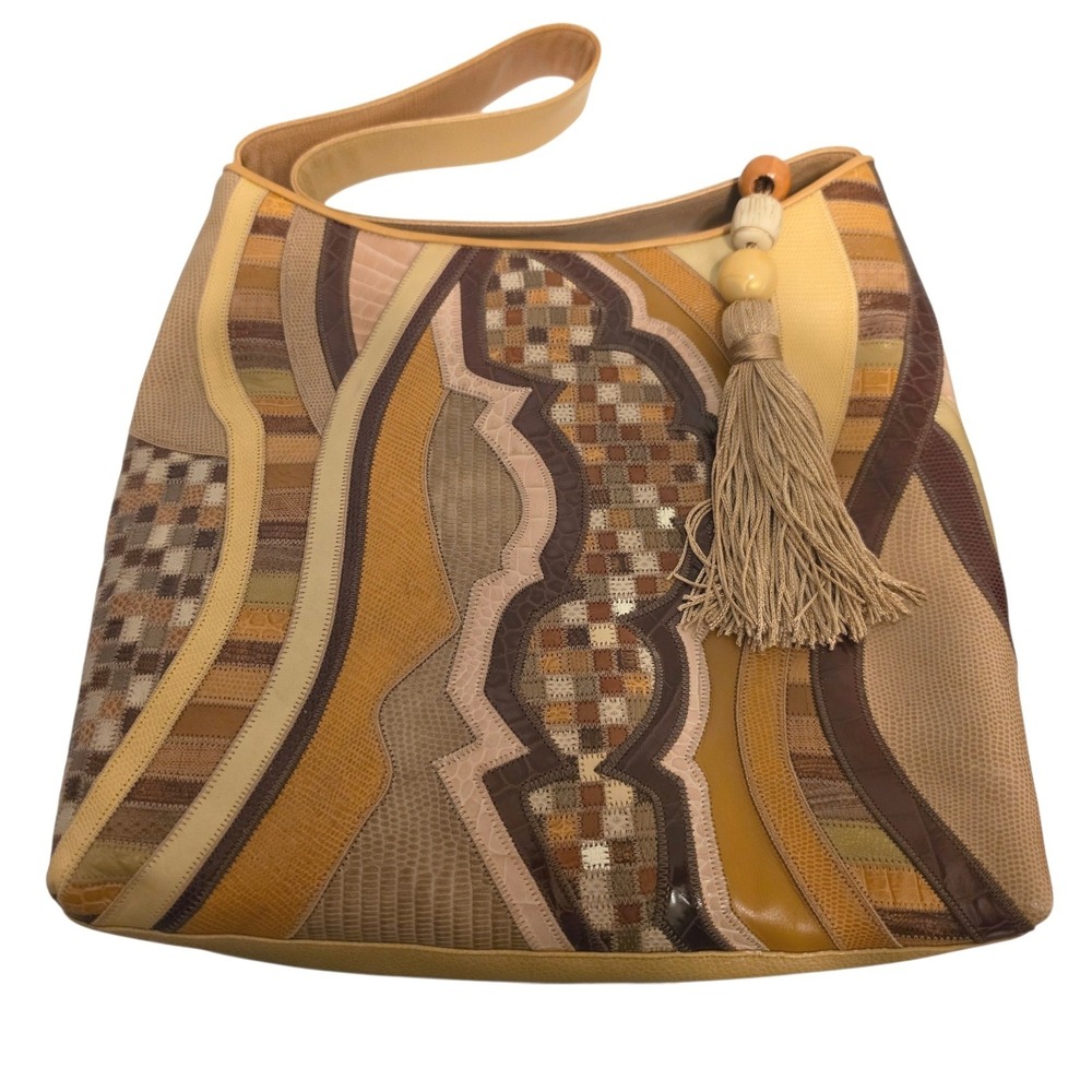 Sharif USA Vintage Patchwork Leather Tassel Shoulder Bag Earth Tones Made in USA